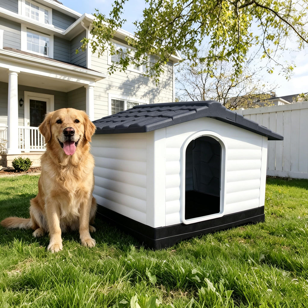 Garvee 2-Door Large Dog House for Indoor and Outdoor Dog House with Fold-Out Porch Elevated Base, Waterproof Pet House for Small and Medium Dogs, Easy Assembly, Gray (38''L x 26''W x 31''H)