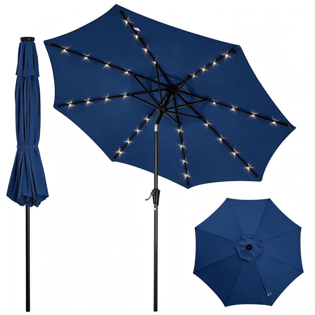 Garvee 9 FT Solar LED Patio Umbrella, Outdoor Market Table Umbrella with Tilt & Crank, 32 Lights, 8 Iron Ribs, UV Sun Shade for Garden, Deck & Pool, Navy Blue