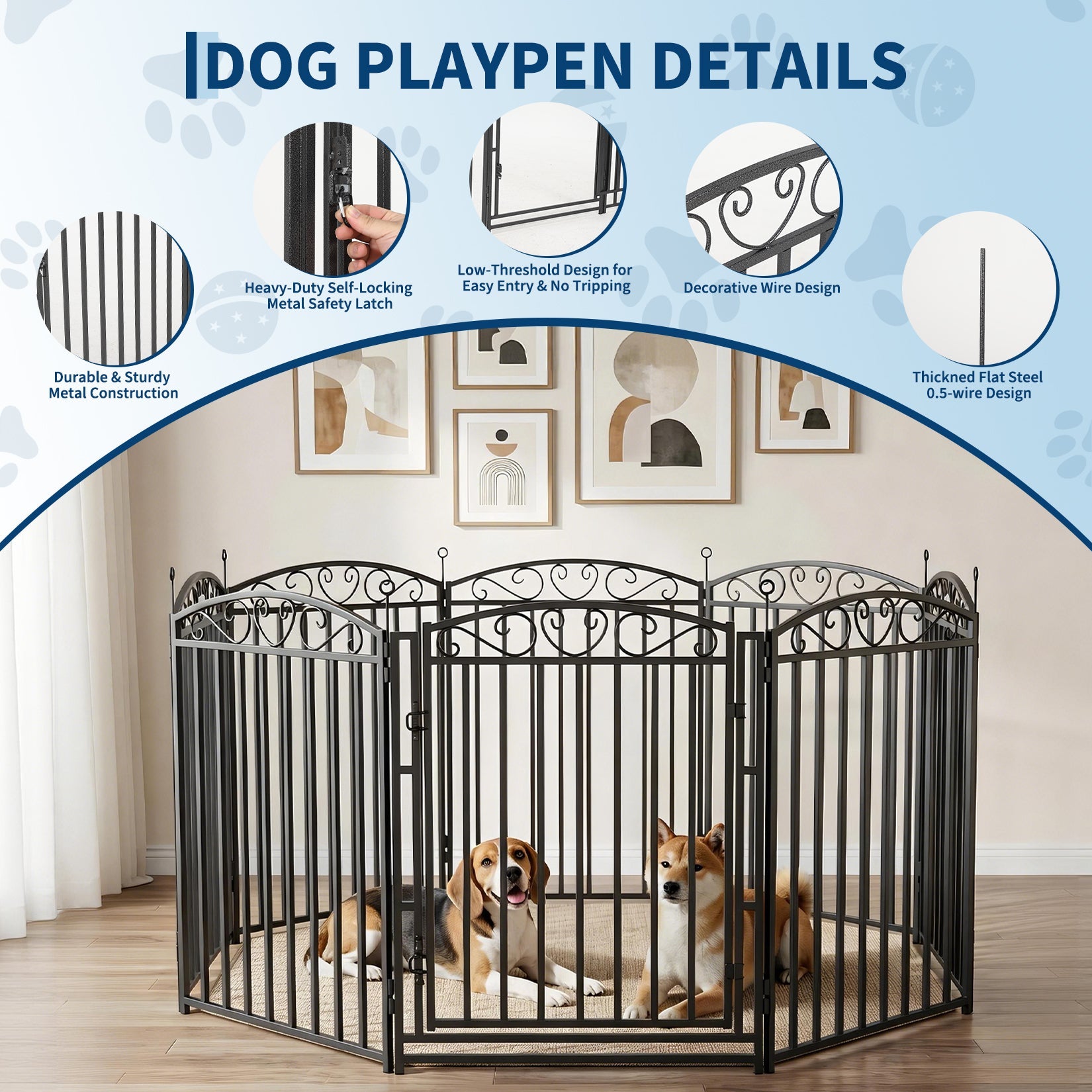 Garvee Outdoor Decorative Metal Dog Playpen - 32" Height, 16 Panels, 1 Door, Safe Pet Fence for Medium and Large Dogs, Sturdy Black with Silver Design, Includes 16 Pieces, Black Base with Silver Floral at the End