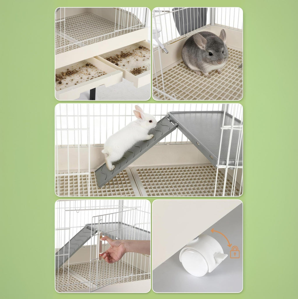 Garvee Small Animal Cage, Durable Large Rabbit Hutch, 33“ Small Animal Cage with 2 Removable Tray, Ramp, 6 Casters, Water & Hay Feeder, Indoor & Out Door Use for Rabbit, Hamster