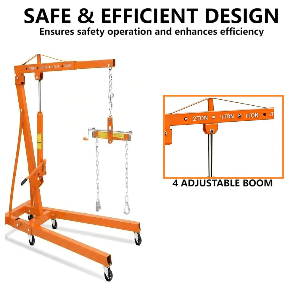 Garvee 2-Ton Engine Hoist - 4400 lbs Folding Hydraulic Cherry Picker, Heavy-Duty Shop Crane with 6 Caster Wheels and 4 Adjustable Boom Positions for Warehouse, Garage, and Workshop, Orange