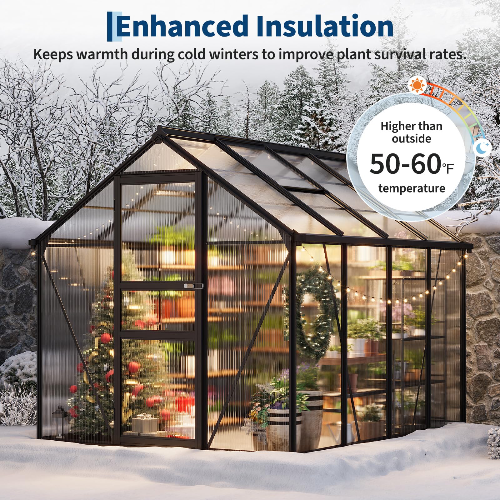 Garvee 8×6FT Aluminum Frame Greenhouse with Polycarbonate Panels, Lockable Door, Adjustable Roof Vent, Side Gutter, Backyard Garden Use