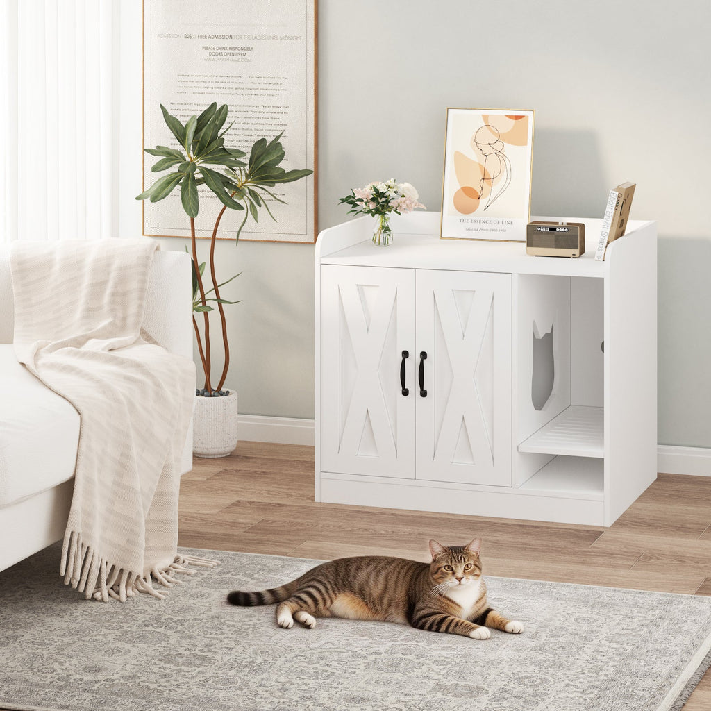 Garvee Cat Litter Box Enclosure, Hidden Litter Box Furniture with Divider, Indoor Cat House, Wooden Cat Washroom Storage Cabinet Bench, Side End Table Nightstand, 33.07"L × 23.62"W × 23.92"H, White