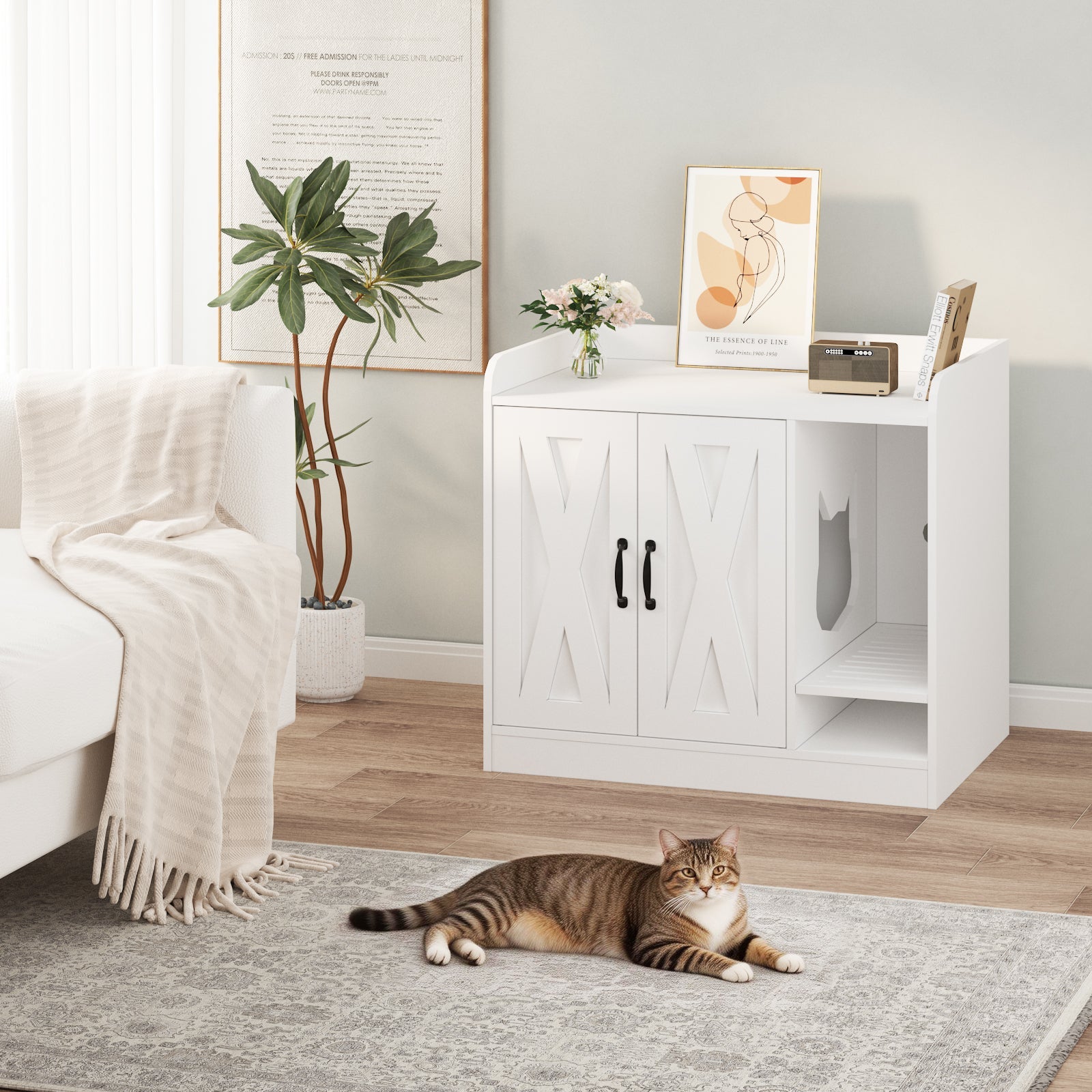 Garvee Cat Litter Box Enclosure, Hidden Litter Box Furniture with Divider, Indoor Cat House, Wooden Cat Washroom Storage Cabinet Bench, Side End Table Nightstand, 33.07"L × 23.62"W × 23.92"H, White