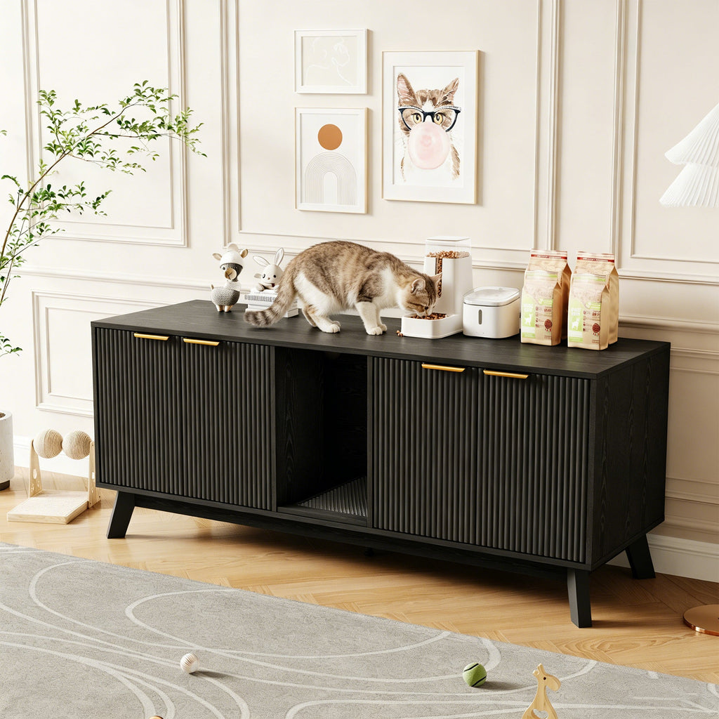Garvee Double Cat Litter Box Enclosure Furniture, Hiddden Litter Box Furniture with Litter Collector & Scratch Pad, Wooden Litter Box Cabinet, Cats House, Black