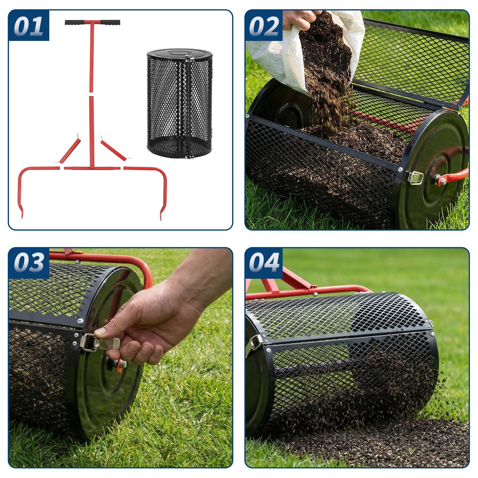 Garvee Efficient Compost and Peat Moss Spreader – 24 Inch Lawn & Garden Seeder Roller with Adjustable T-Shaped Handle, Side Latches, Powder-Coated Metal – Spreads Grass Seed, Topsoil, Fertilizer, Manure – Handle in Red