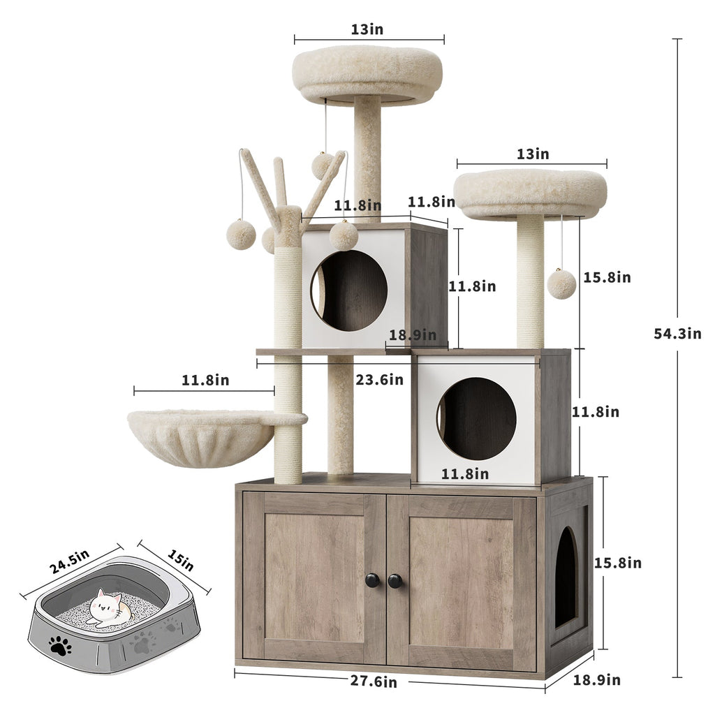 Garvee 54-Inch Litter Box Enclosure with Cat Tree, 2-in-1 Modern Large Cat Tower for Indoor Cats with Condo/Hammock/Scratching Post/Plush Perch/Caves, Wooden Hidden Litter Box Furniture, Grey