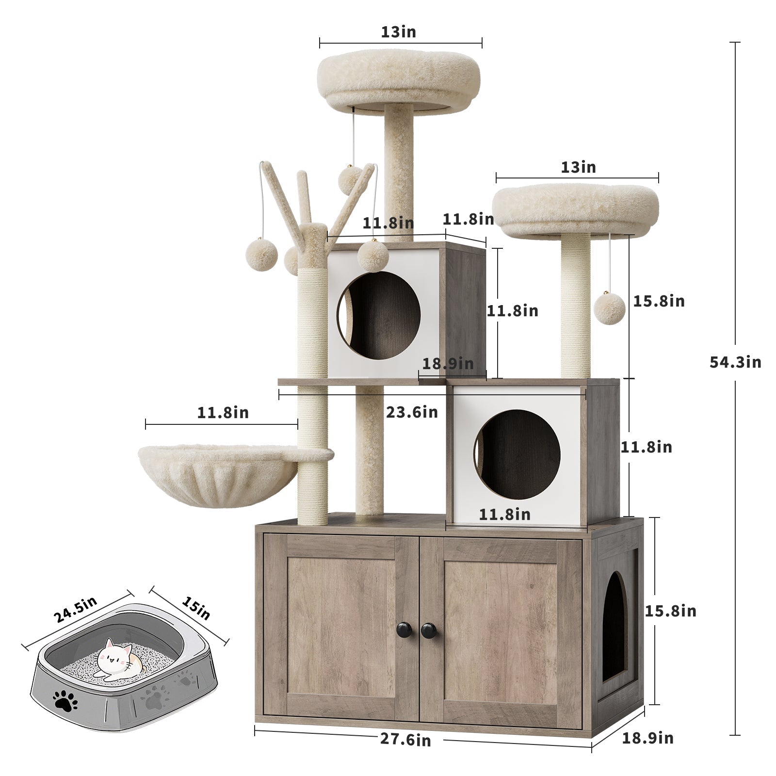 Garvee 54-Inch Litter Box Enclosure with Cat Tree, 2-in-1 Modern Large Cat Tower for Indoor Cats with Condo/Hammock/Scratching Post/Plush Perch/Caves, Wooden Hidden Litter Box Furniture, Grey