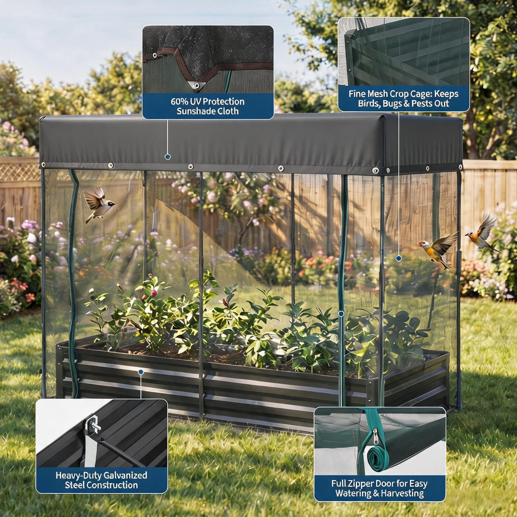 Garvee Raised Garden Bed for Vegetables & Herbs, 8 x 4 x 1 FT Galvanized Metal Planter with Mesh Cover, Bottomless Design and 4 Plant Signs, Black