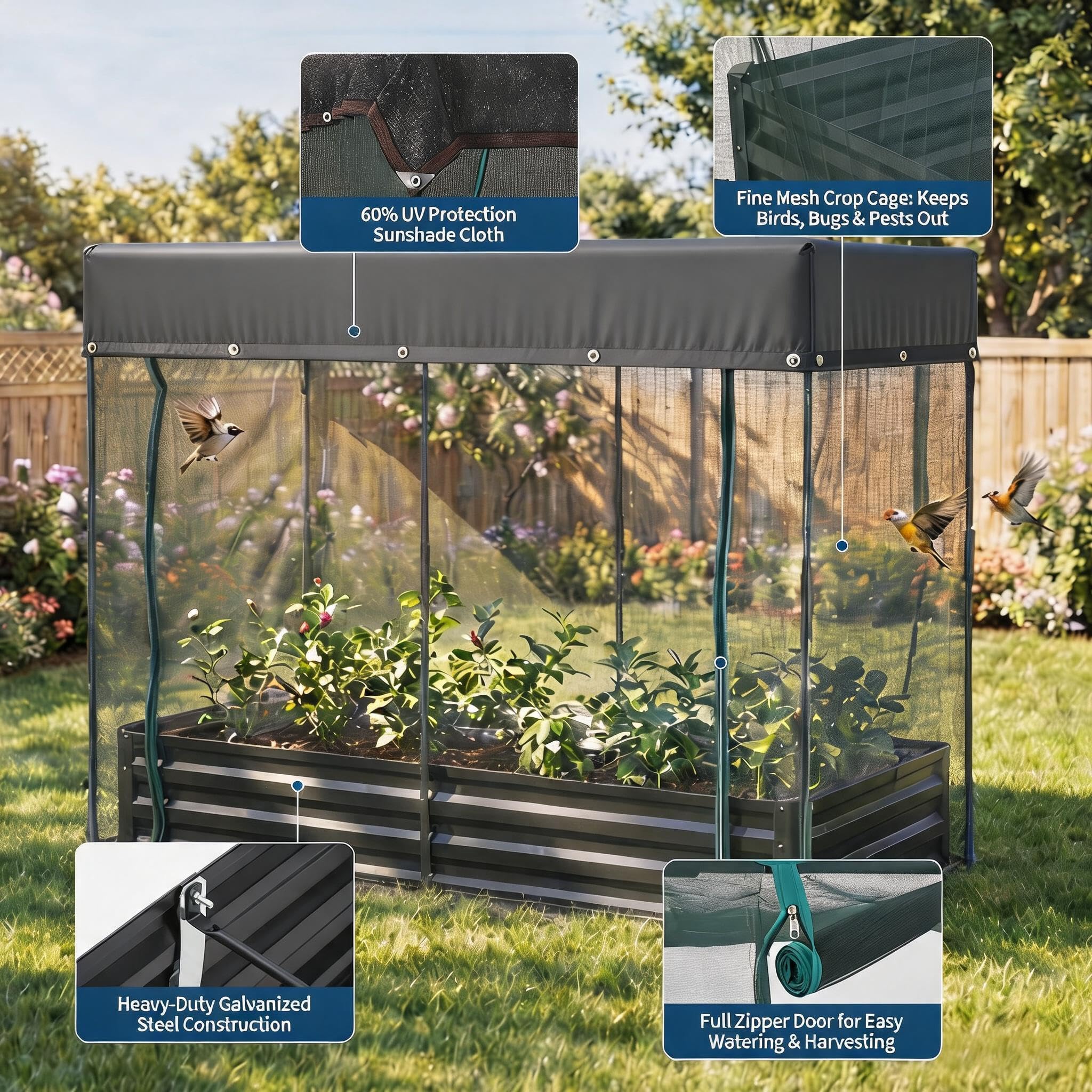 Garvee Raised Garden Bed for Vegetables & Herbs, 8 x 4 x 1 FT Galvanized Metal Planter with Mesh Cover, Bottomless Design and 4 Plant Signs, Black
