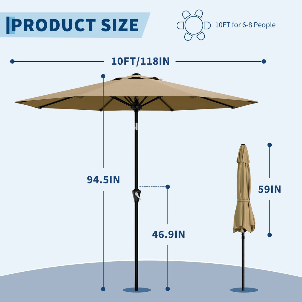 Garvee 10FT Khaki Tan Outdoor Patio Umbrella – Waterproof Market Parasol with Smooth Crank Lift, Push Button Tilt, 8 Sturdy Ribs, UV Protection – Ideal for Garden, Pool, Deck, or Yard