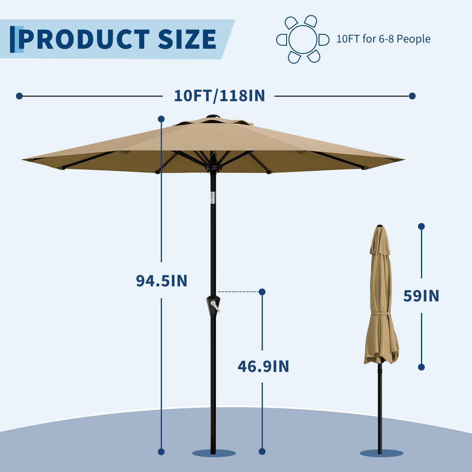 Garvee 10FT Khaki Tan Outdoor Patio Umbrella – Waterproof Market Parasol with Smooth Crank Lift, Push Button Tilt, 8 Sturdy Ribs, UV Protection – Ideal for Garden, Pool, Deck, or Yard