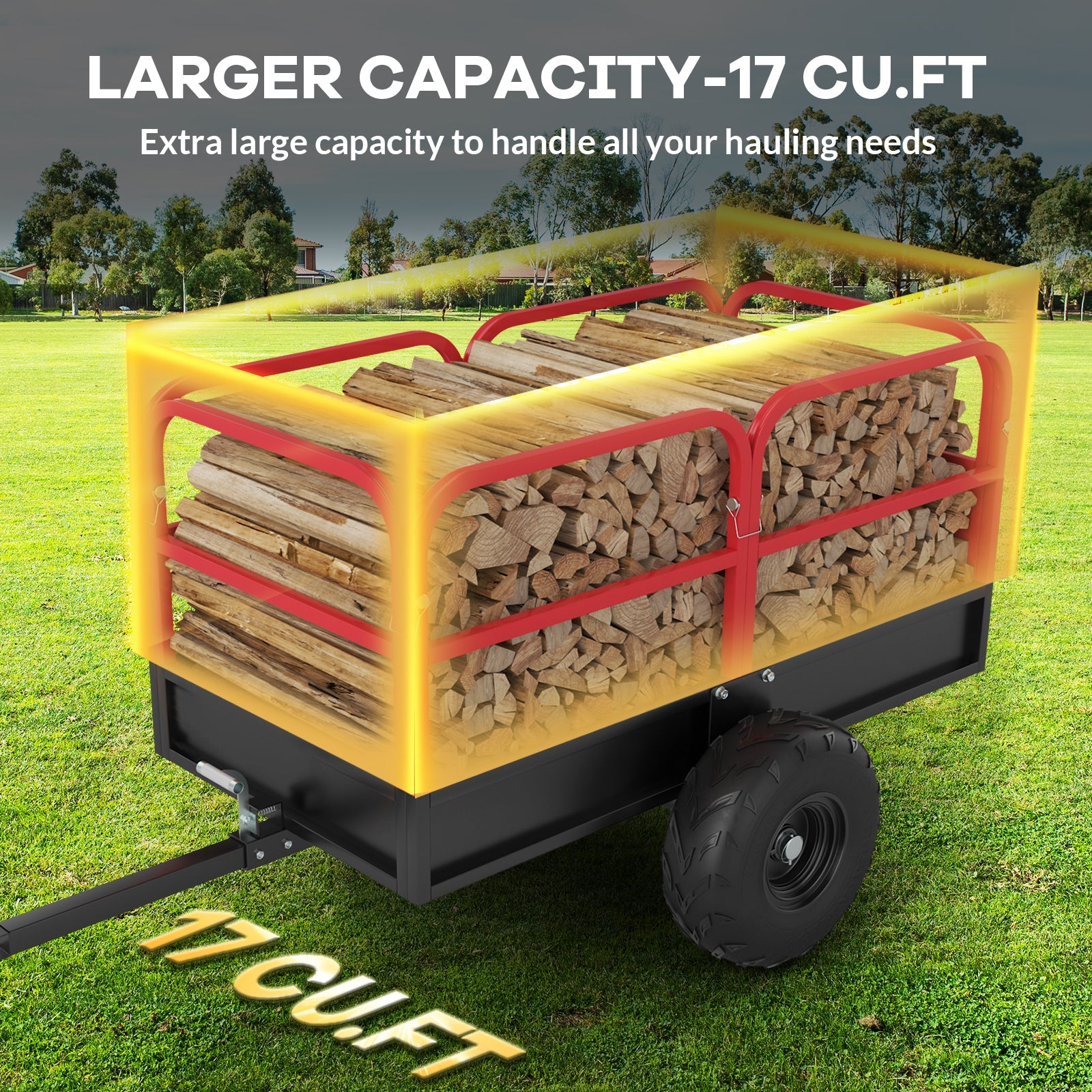 Garvee Tow-Behind Dump Cart, 1700 lb Capacity, 17 cu. ft. Steel Utility Trailer with 16" Pneumatic Tires, 45° Dump, Removable Sides and Tailgate for ATV, UTV and Lawn Tractor, Red