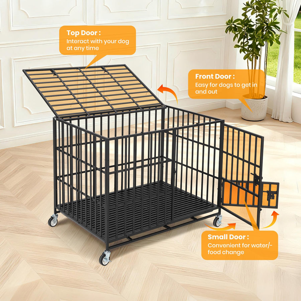 Garvee 36 Inch Heavy Duty Dog Crate, Escape-Proof Steel Dog Kennel Indoor with 3 Doors, Removable Tray, Large Metal Dog Cage with Wheels for Large and Medium Dogs, Black