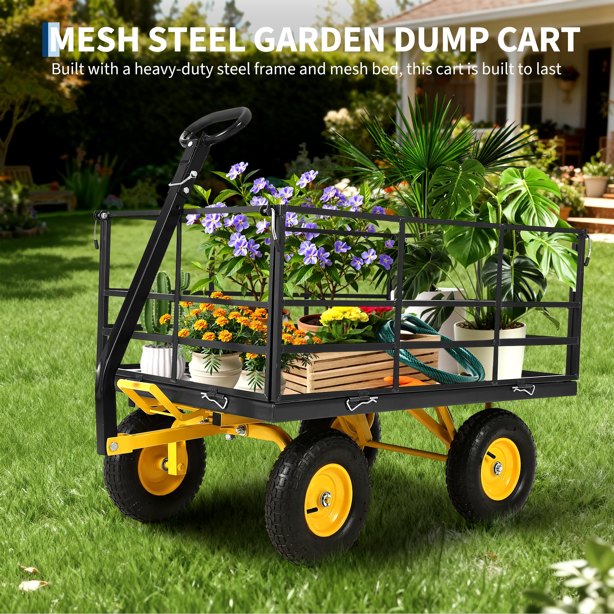 Garvee 1500 LB Garden Dump Cart with 13 in All Terrain Tires, 3-in-1 Yard Wagon Cart with Removable Side Panels, Heavy Duty Outdoor Metal Utility Wagon Yard Trailer for Outdoor Lawn, Yard, Backyard