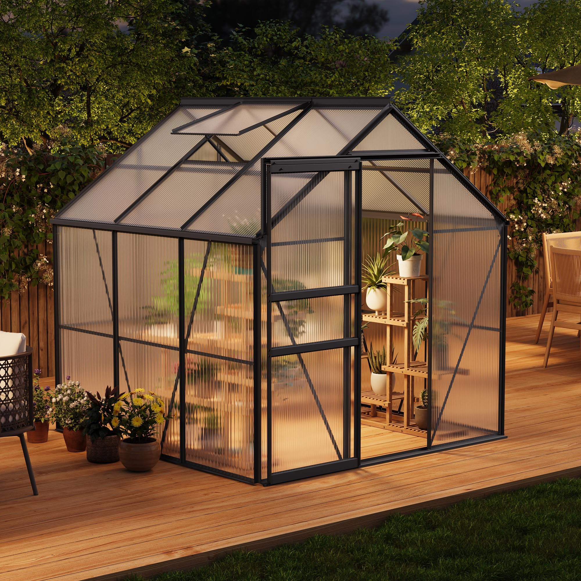 Garvee 6x6 FT Black Polycarbonate Greenhouse Kit – Walk-In Aluminum Frame, Lockable Door, Adjustable Roof Vent, Weather-Resistant, Easy Assembly, Gutter System for Outdoor Garden, Patio, Backyard