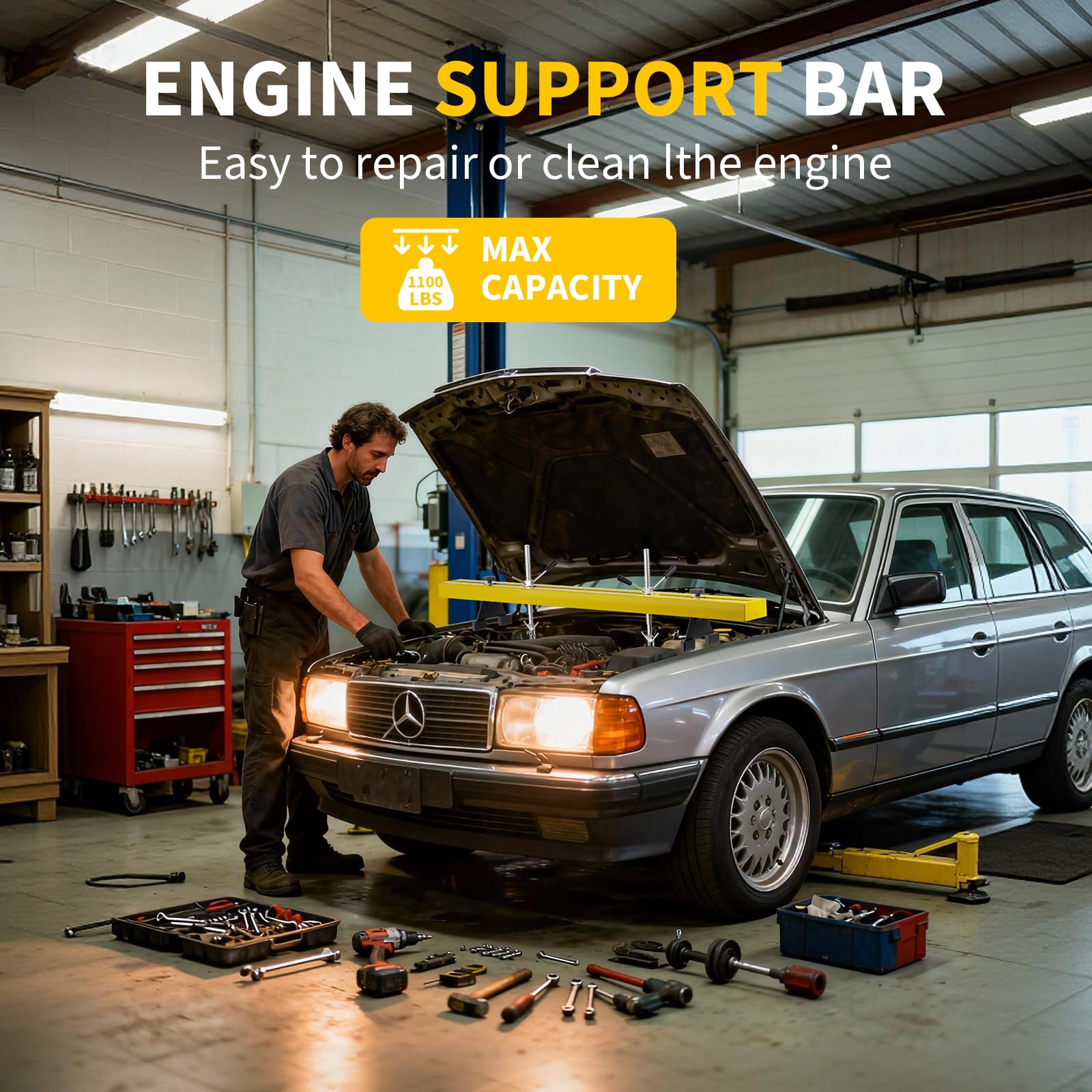 Garvee Engine Support Bar, 1100 lbs Capacity Transverse Motor Lift Hoist with Dual Hooks, 2-Point Holder for Home Garage and Auto Repair Shop, Yellow