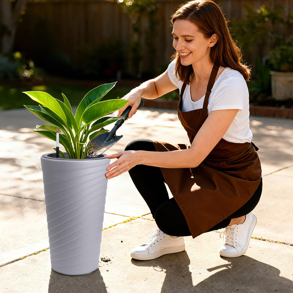 Garvee Self Watering Planters Set of 2, 16.3" Gray Round Plant Pots with Water Level Monitor & Drainage for Porch Patio