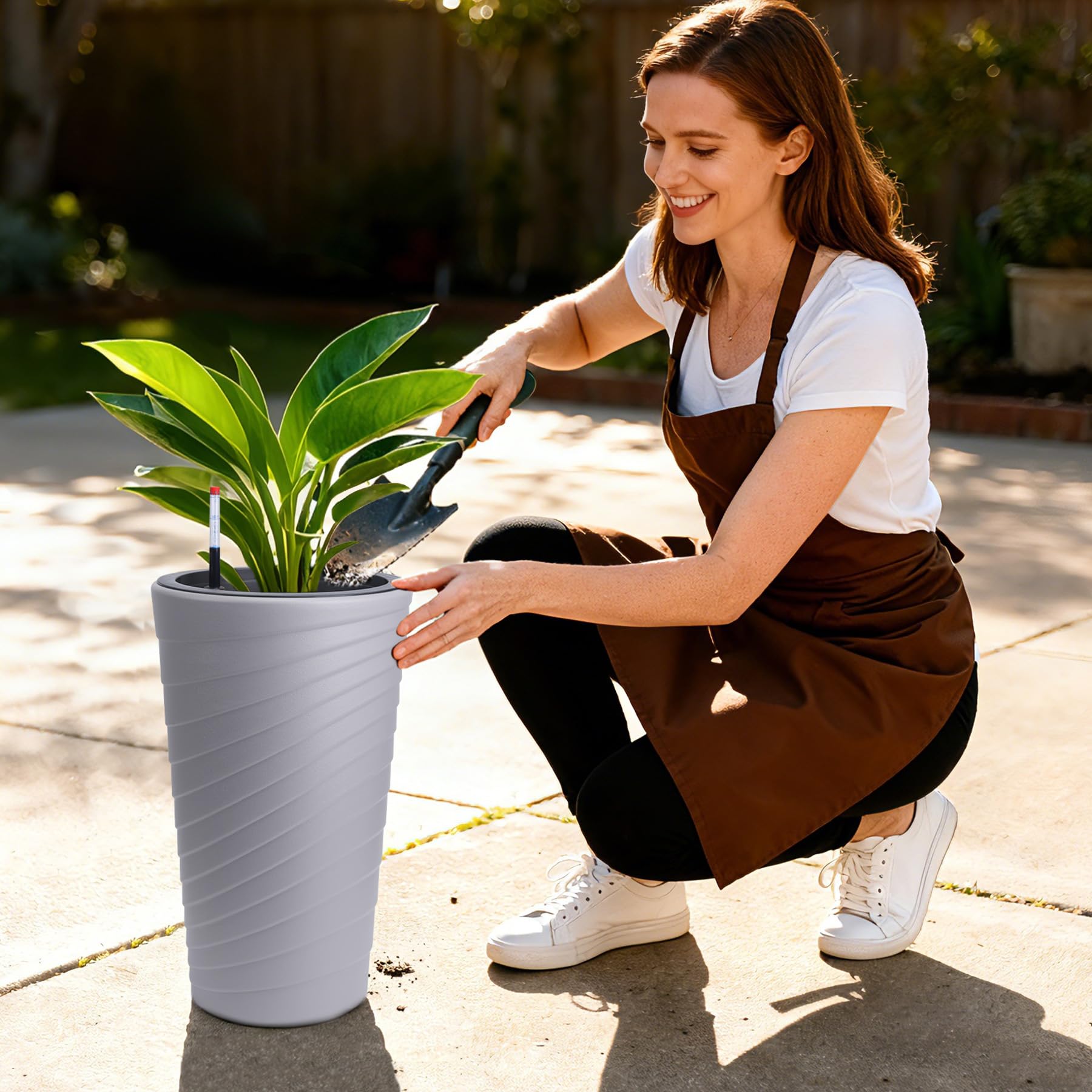 Garvee Self Watering Planters Set of 2, 16.3" Gray Round Plant Pots with Water Level Monitor & Drainage for Porch Patio