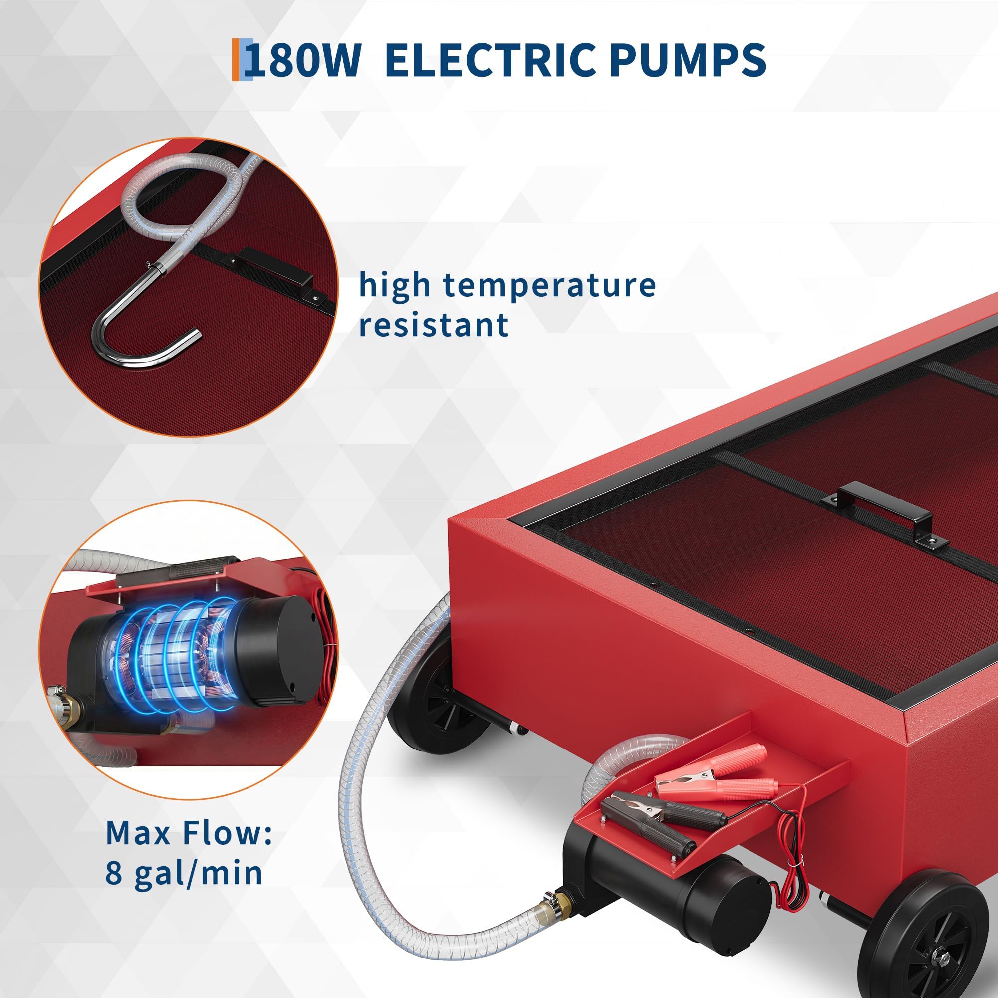 Garvee 15-Gallon Low-Profile Oil Pan with Lockable Wheels, Electric 12V Pump, Rust-Resistant Carbon Steel, 8 GPM Flow, 2m Hose, for Cars & ATVs, Red