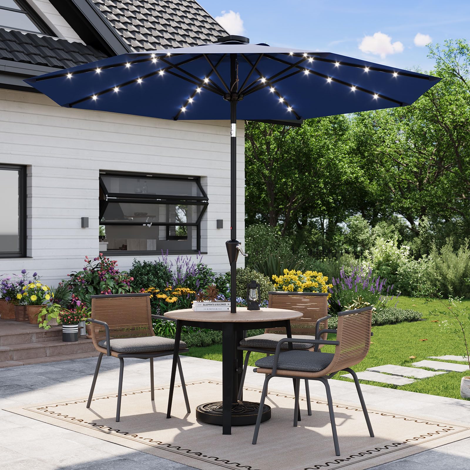 Garvee 10 ft Solar Patio Umbrella with 32 LED Lights, Outdoor Market Umbrella with Crank Lift & Tilt, UV-Resistant Canopy for Pool, Garden & Backyard, Navy Blue