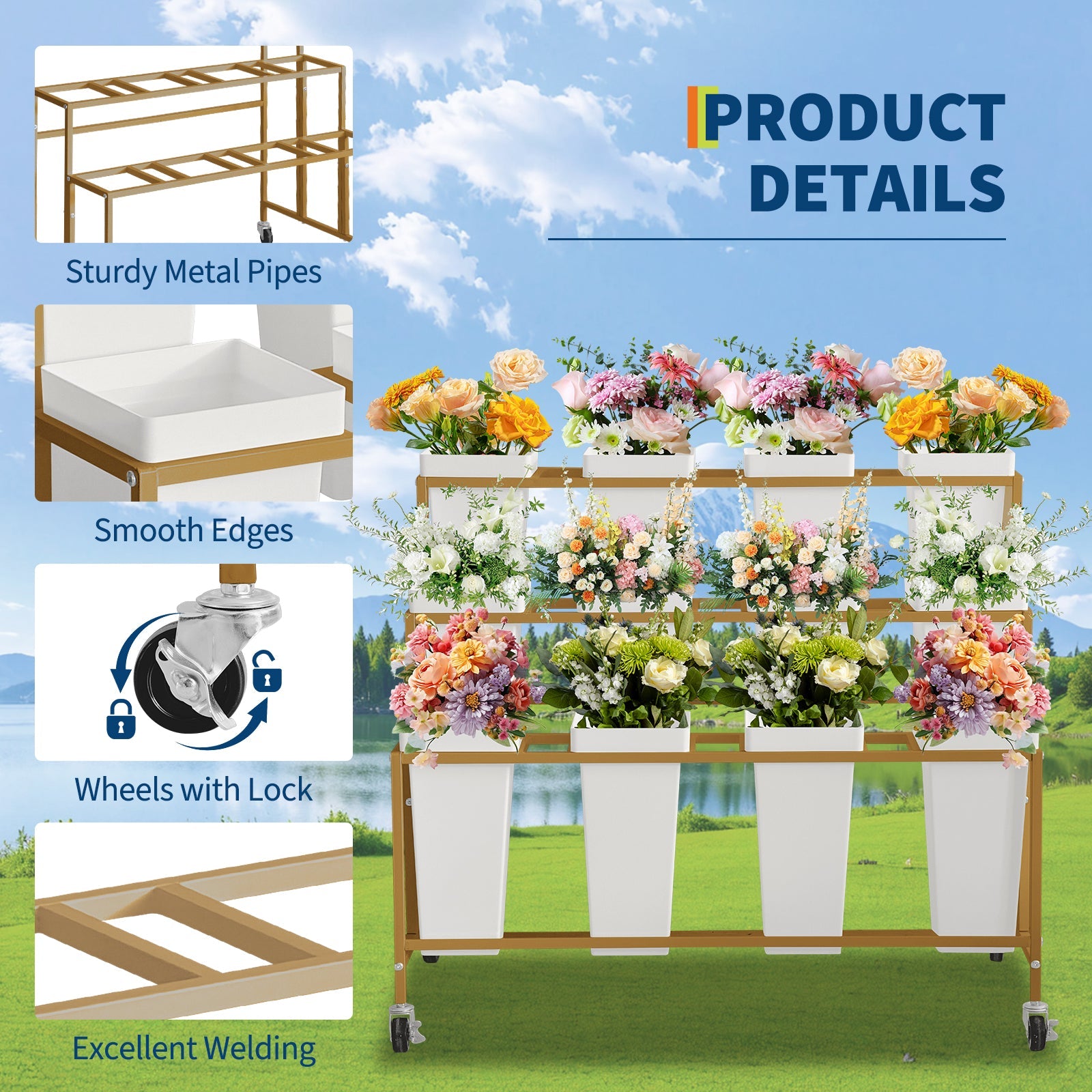 Garvee Flower Display Stand,3 Tier Flower Cart with 12 Round Buckets and Wheels, Moving Flower Cart Display Stand for Garden, Wedding, Flower Shop,Gold