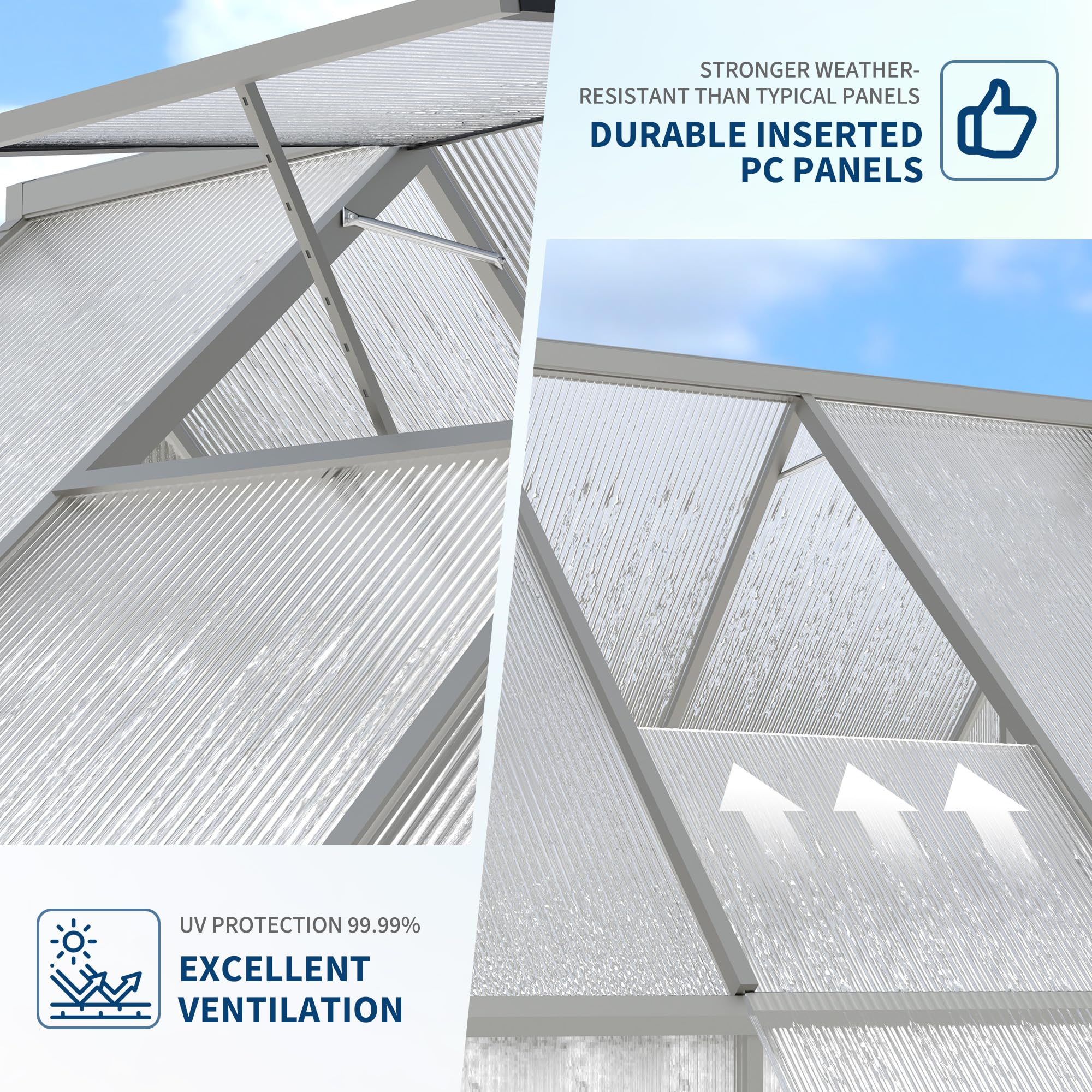 Garvee Heavy Duty Aluminum Polycarbonate Greenhouse Kit - 6x11 FT Large Walk-In Outdoor Garden Greenhouse with Roof Vent, Double Swing Doors, Quick Setup, Enhanced Ventilation - Silver