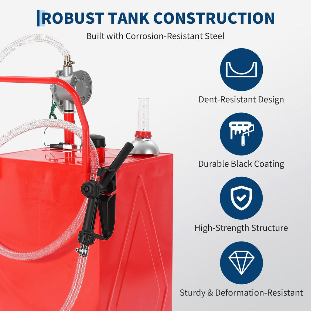 Garvee 35 Gallon Portable Fuel Gas Caddy Storage Tank – Manual Rotary Hand Pump, Fuel Hose, Wide Fill Neck, Level Gauge, Vented Cap, Grounding Clamp, Rolling Wheels – Gasoline/Fuel Transfer Tank for ATV, Tractor, Lawn Mower, Car, Boat – Reinforced 2-wheel