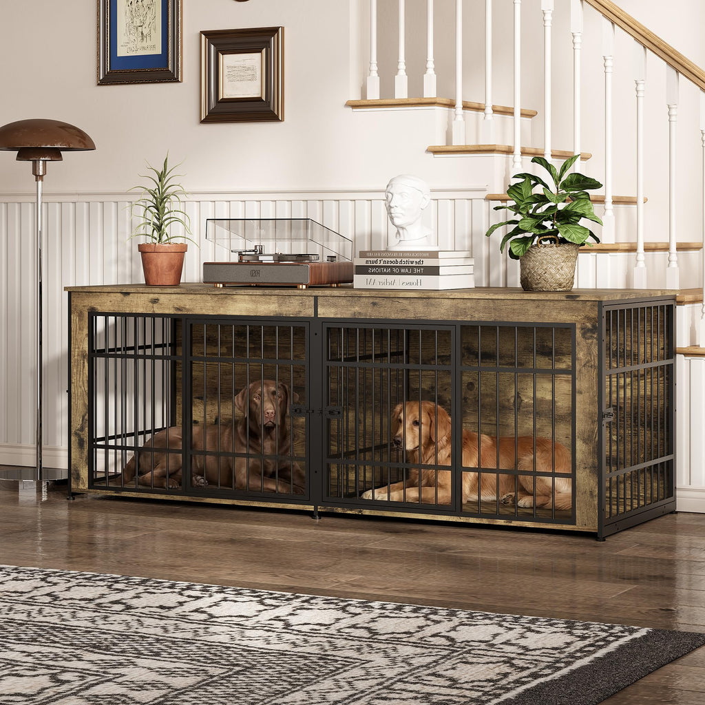 Garvee Heavy Duty Wooden Dog House Furniture – Large Kennel with Divider, 4 Doors, Storage, End Table Design, Adjustable Feet, Vintage Brown, 6.6ft