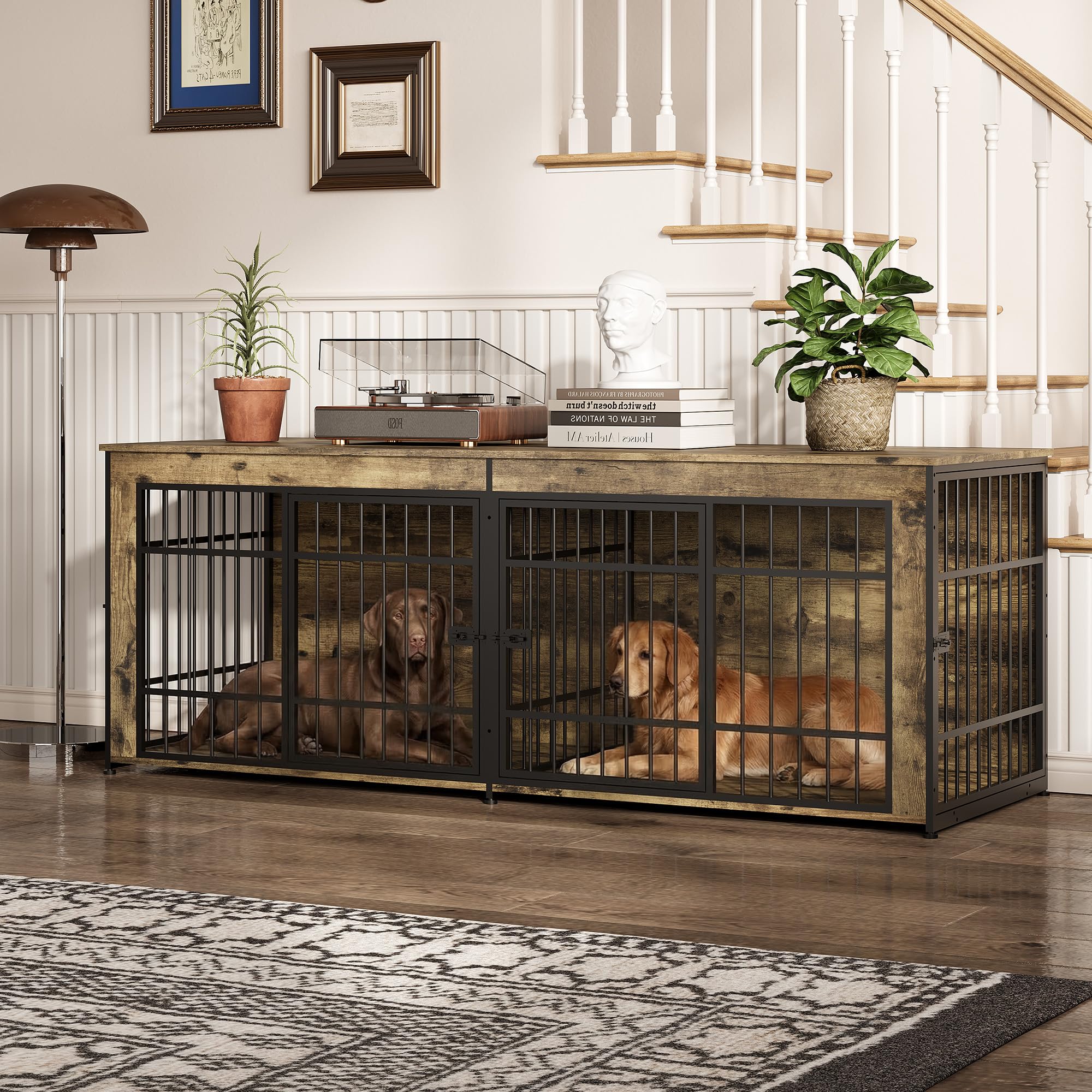 Garvee Heavy Duty Wooden Dog House Furniture – Large Kennel with Divider, 4 Doors, Storage, End Table Design, Adjustable Feet, Vintage Brown, 6.6ft
