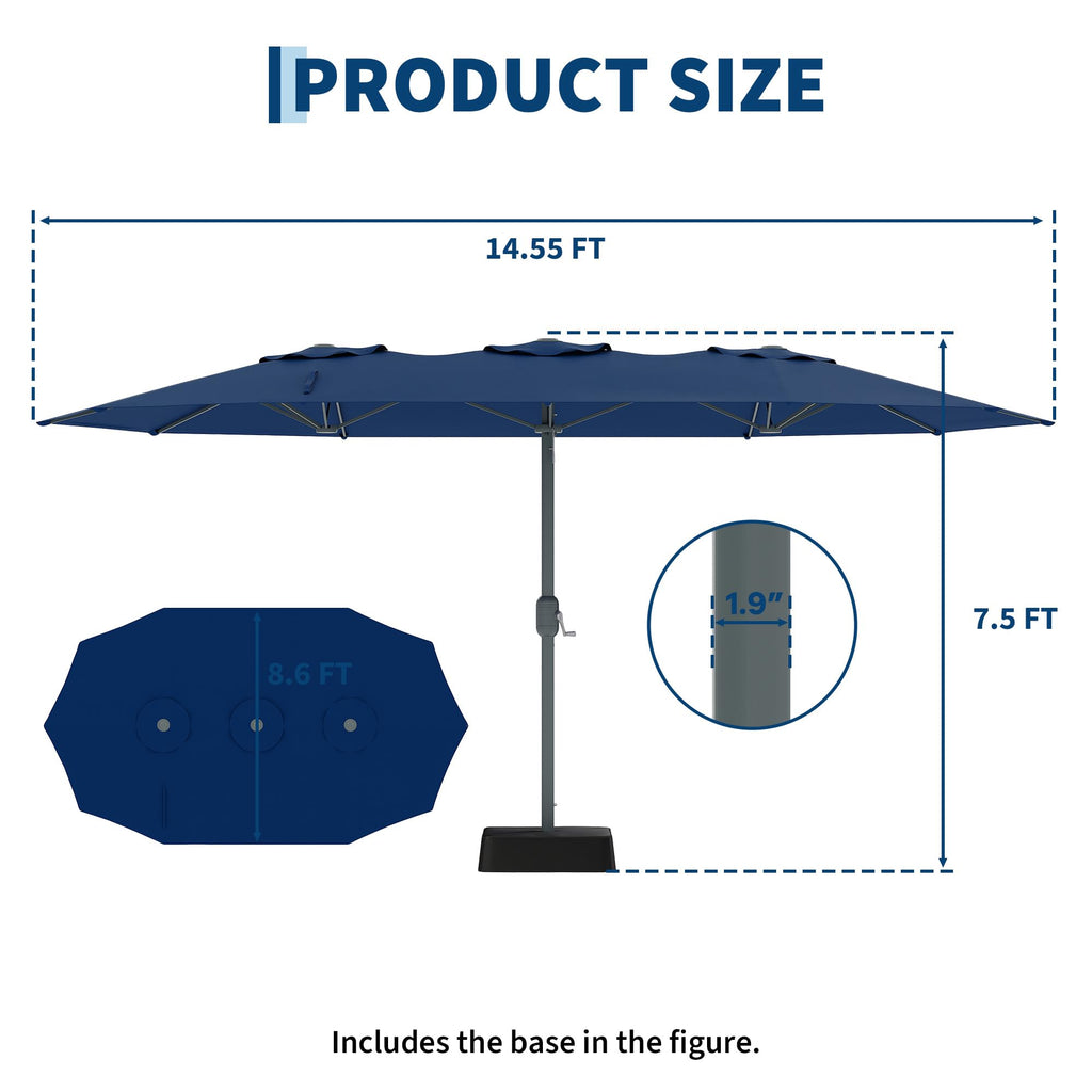 Garvee 9' × 15' Extra Wide Patio Umbrella, 12-Rib Iron Frame, Oxford Canopy, Blue