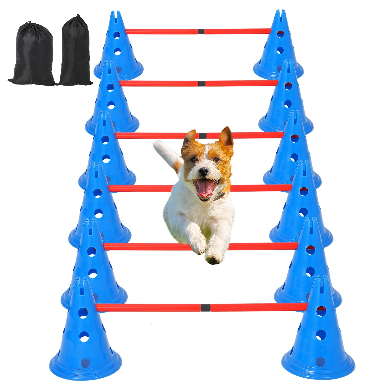 Garvee Dog Agile Hurdle Cone Set, Dog Agile Training Equipment 4-Height Adjustable Obstacle with Storage Bag, for Beginners & Advanced, Puppy Agile Training Hurdle 12 Cones & 6 Agile Rods Combo