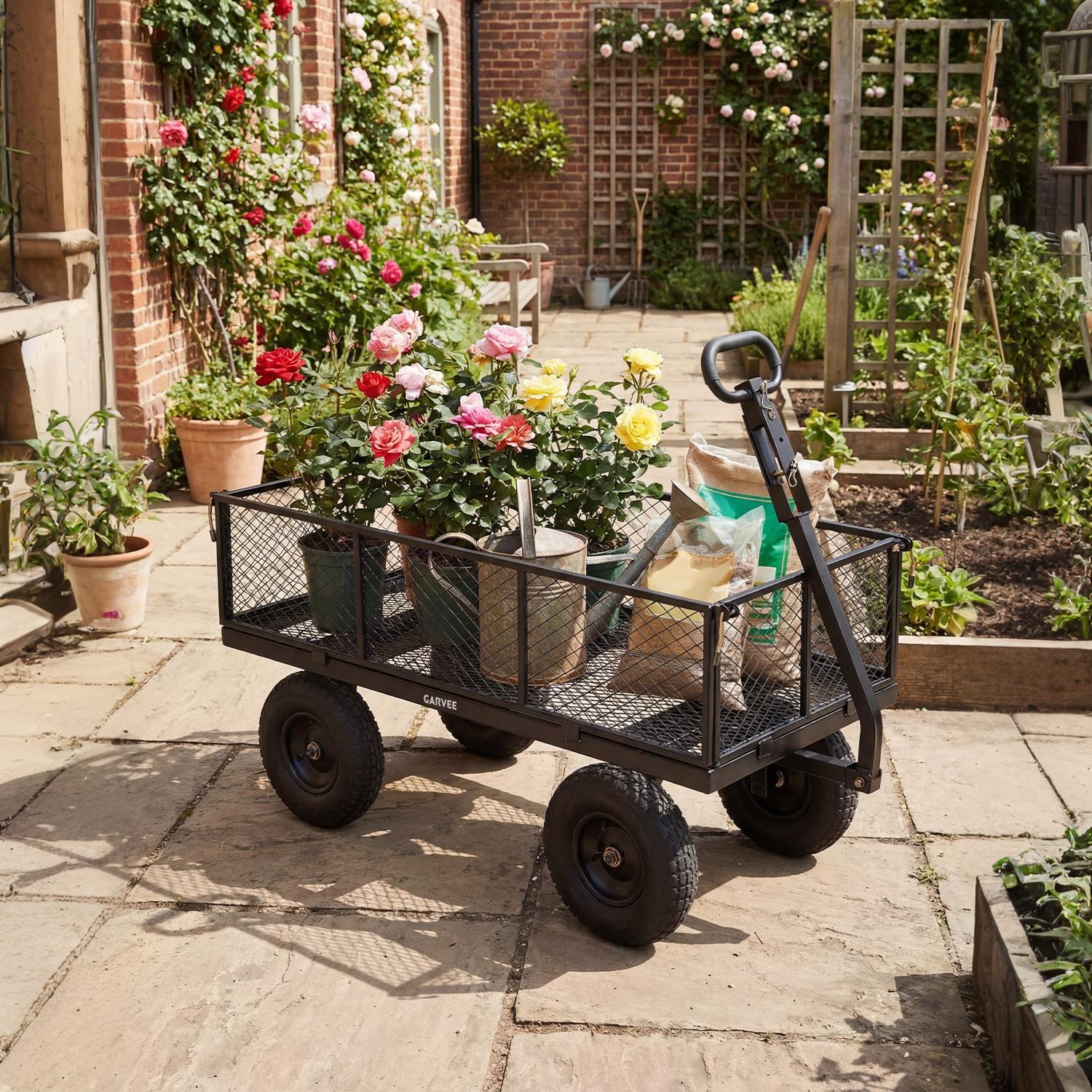 Garvee 1000LBS Heavy Duty Steel Garden Cart Wagon with 13" Pneumatic Tires, Removable Mesh Sides & Rotating Handle, Outdoor Utility Wagon for Garden, Lawn, Yard & Farm, Black
