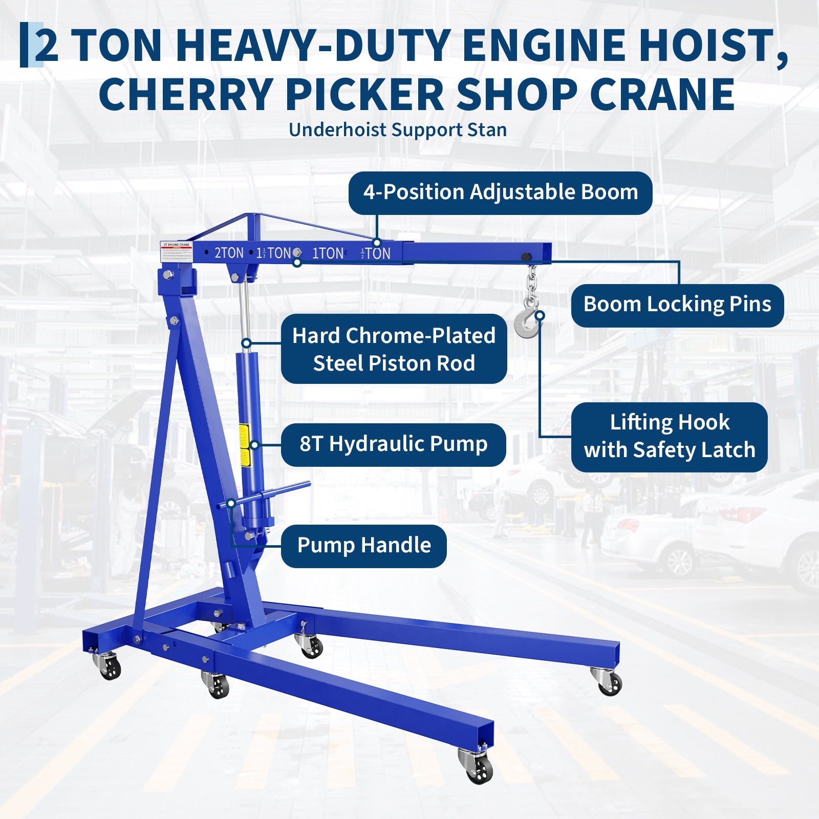 Garvee 2 Ton Folding Hydraulic Engine Hoist with Leveler and Safety Stand, 4400 lbs Capacity Heavy Duty Shop Crane Cherry Picker, 8 Ton Ram,