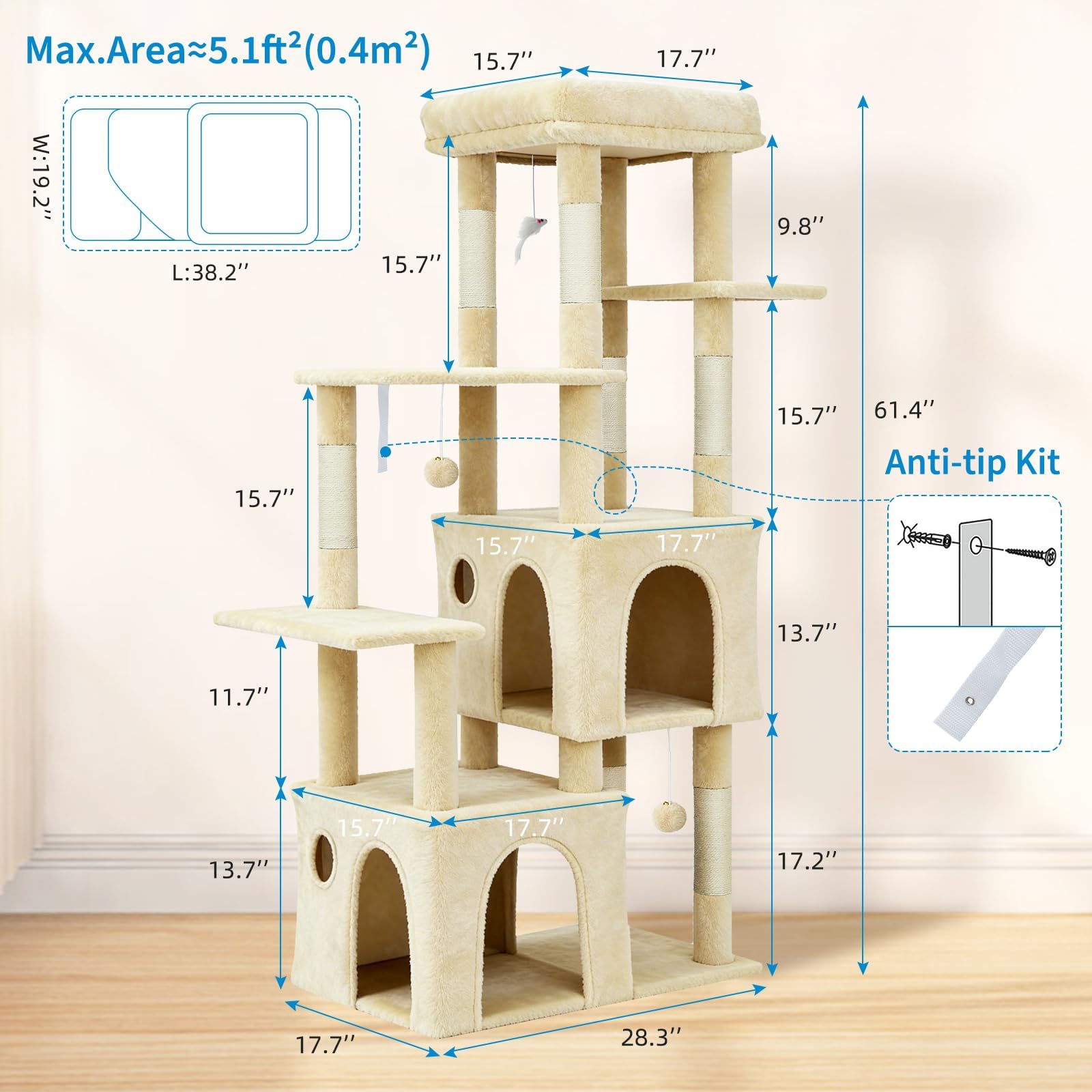 Garvee 61" Multi-Level Cat Tree for Indoor Cats, Heavy-Duty Tower for Large Adult & Maine Coon Cats with Oversized Perch, Dual Condos, Natural Sisal Scratching Posts & Play Toys – Beige