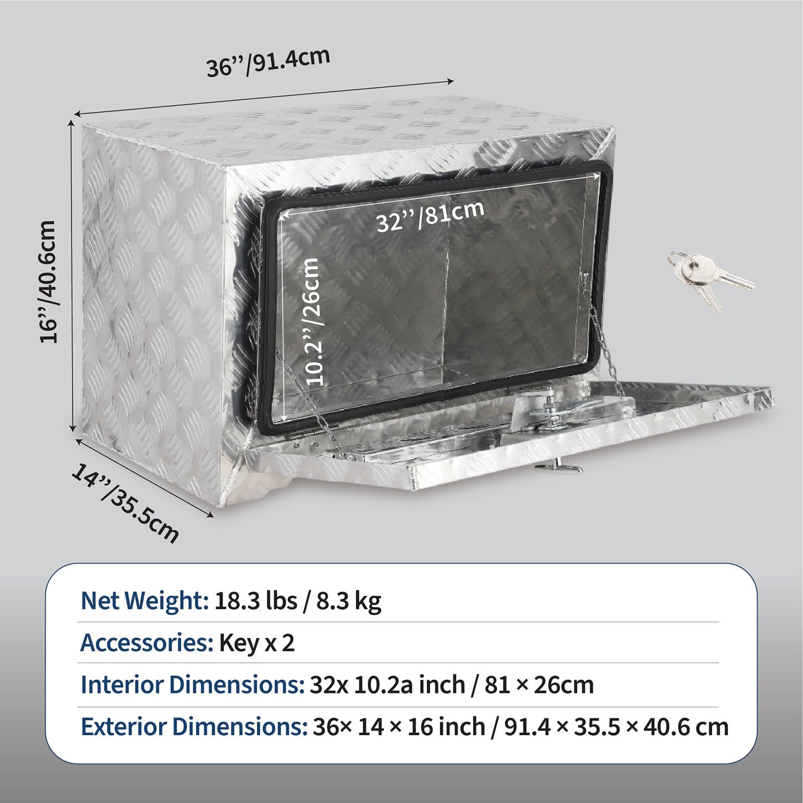 Garvee 36"x14"x16" Underbody Truck Tool Box, Heavy-Duty Aluminum Diamond Plate, Lockable Waterproof Design with T-Handle Latch and Keys for Pickup, Van, and Trailer, Silver