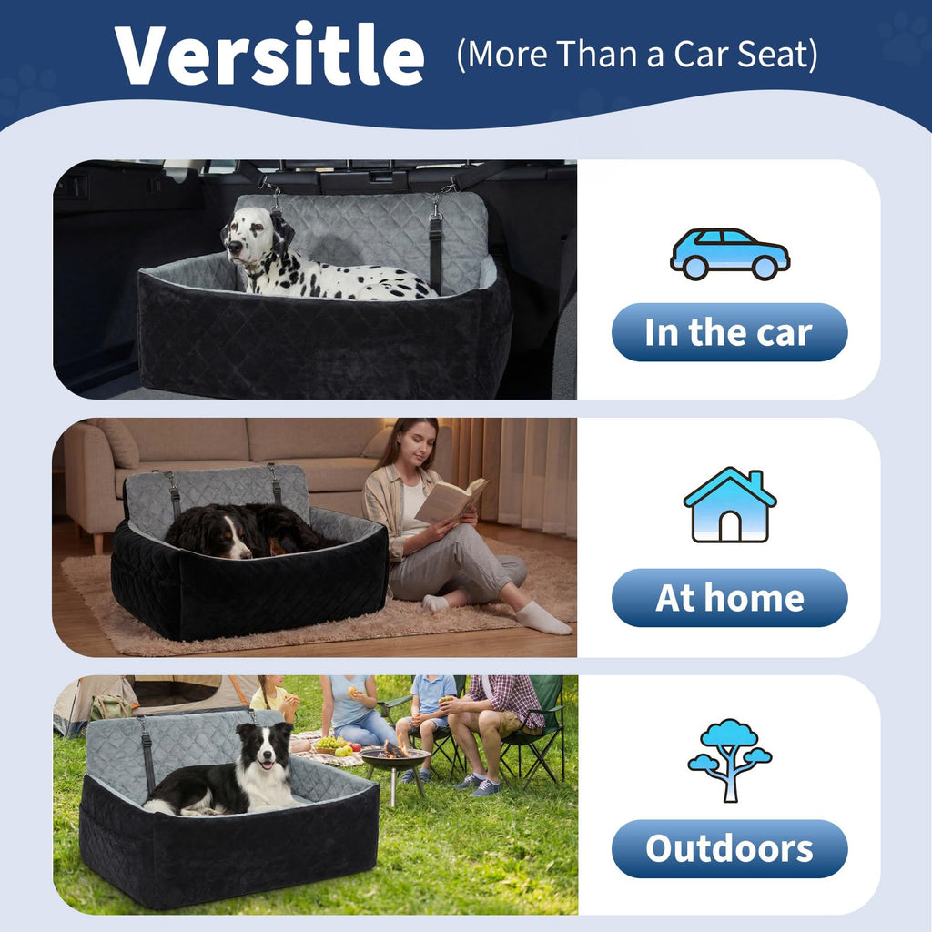 Garvee Extra Large Dog Car Booster Seat with Safety Belt, 3-Side Pet Travel Bed for 2 Medium Dogs, Waterproof & Non-Slip, Car Seat Cover for Truck SUV Sedan, Gray