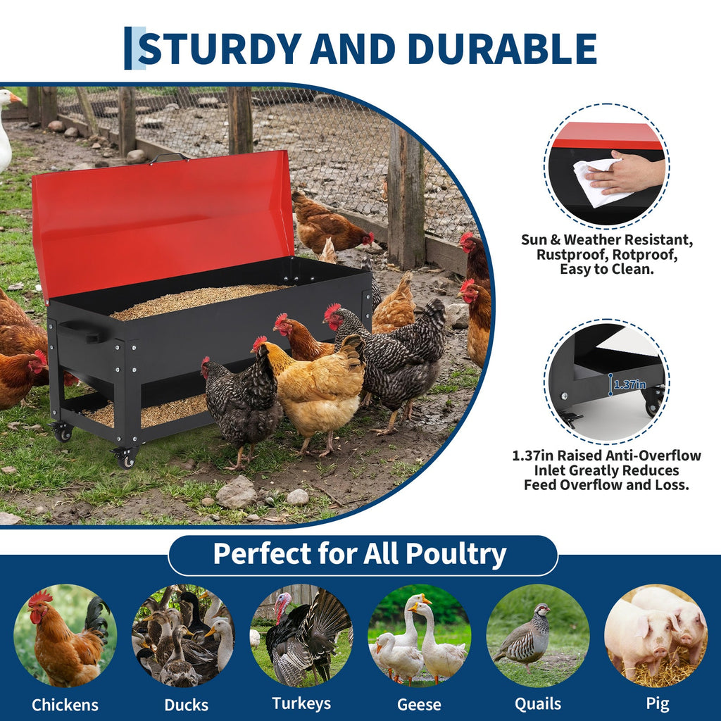 Garvee 120lbs Large Metal Chicken Feeder Box – Galvanized Steel, Automatic Poultry Feeding, Waterproof Red Lid, Brake Casters, Portable Handles – For Chickens, Ducks, Geese, Hens, Roosters, Quail, Turkey – Large - Red Lid