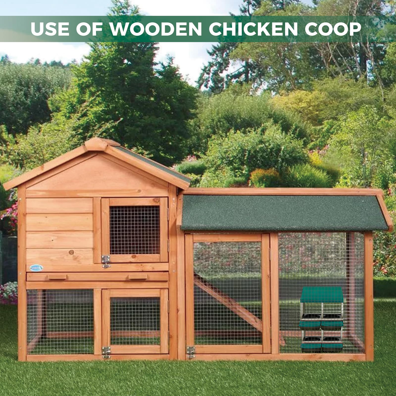 Garvee 4-Compartment 2-Tier Chicken Nesting Box – Roll-Away Tray & Support Stand, Green