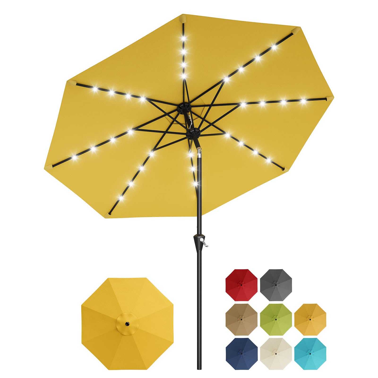 Garvee 10 ft Solar Patio Umbrella with 32 LED Lights, Outdoor Market Umbrella with Crank Lift & Tilt, UV-Resistant Canopy for Pool, Garden & Backyard, Yellow
