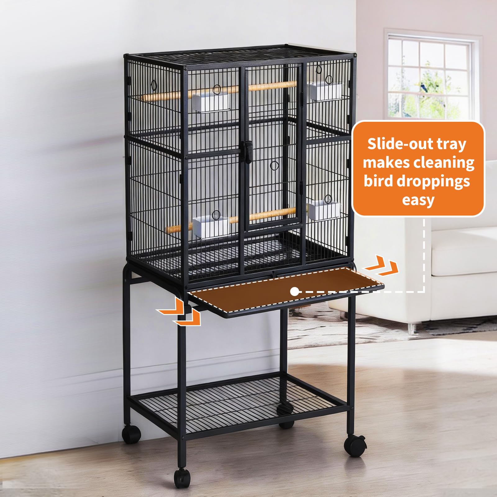 Garvee 54" Large Bird Cage, Parrot Bird Cage with Rolling Stand & Storage Shelf, Heavy Duty Wrought Iron Flight Cage, Secure Lock, Ideal for Parakeets, Parrots, Cockatiels, Conures, Lovebirds