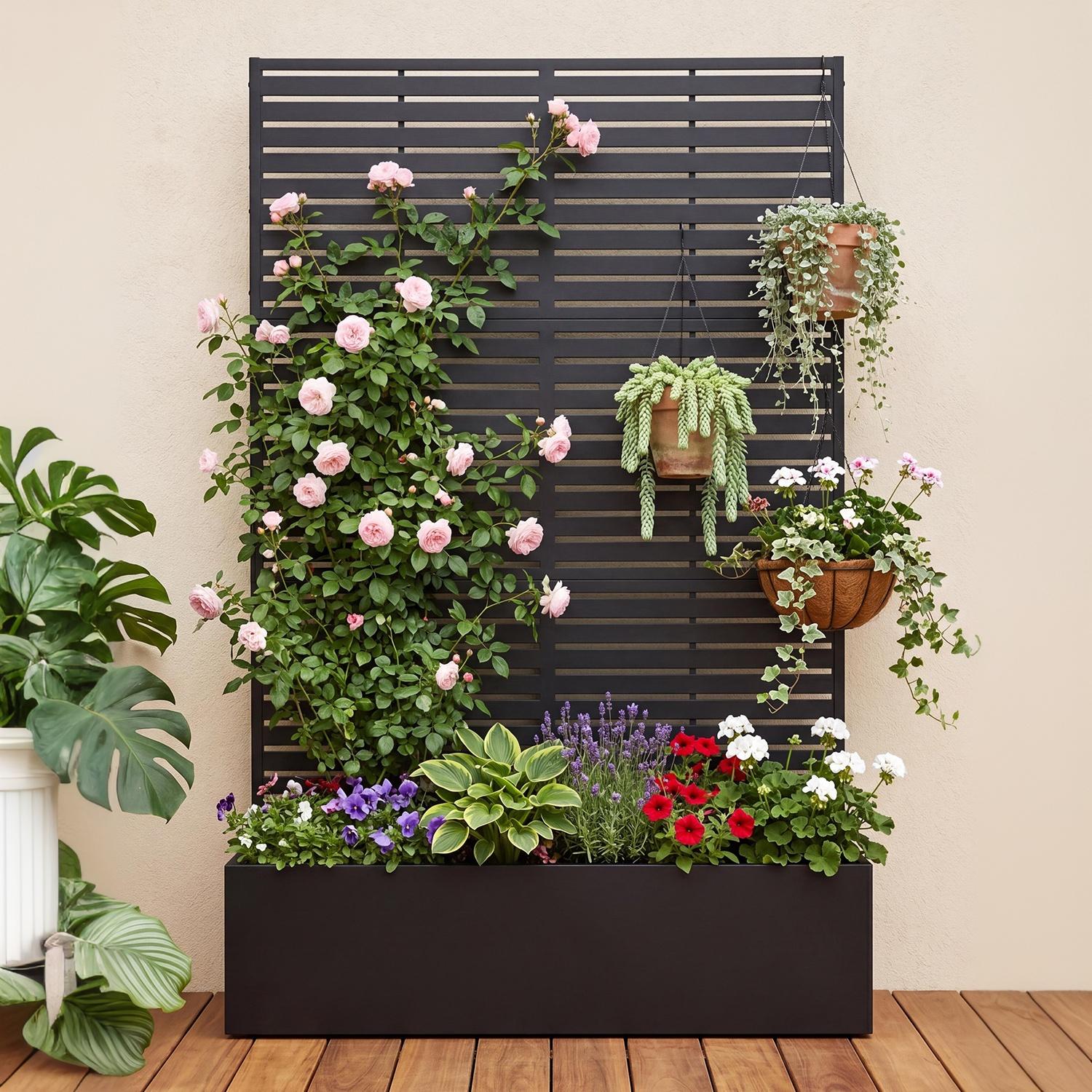 Garvee Raised Planter Box with Trellis for Vines & Vegetables, 71 in All-Weather Metal Garden Bed with Privacy Screen, Drainage Holes and Black Striped Panel