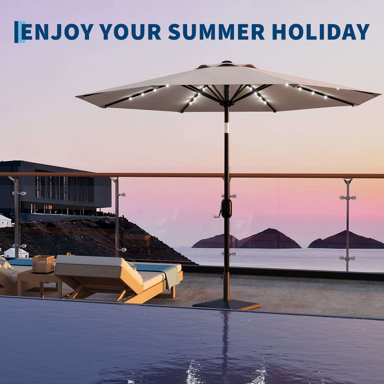 Garvee 9FT Solar LED Patio Umbrella with 32 Lights, Tilt & Crank Outdoor Market Umbrella, UV & Water Resistant, 8 Ribs Sunshade for Garden, Deck, Pool & Table, Beige