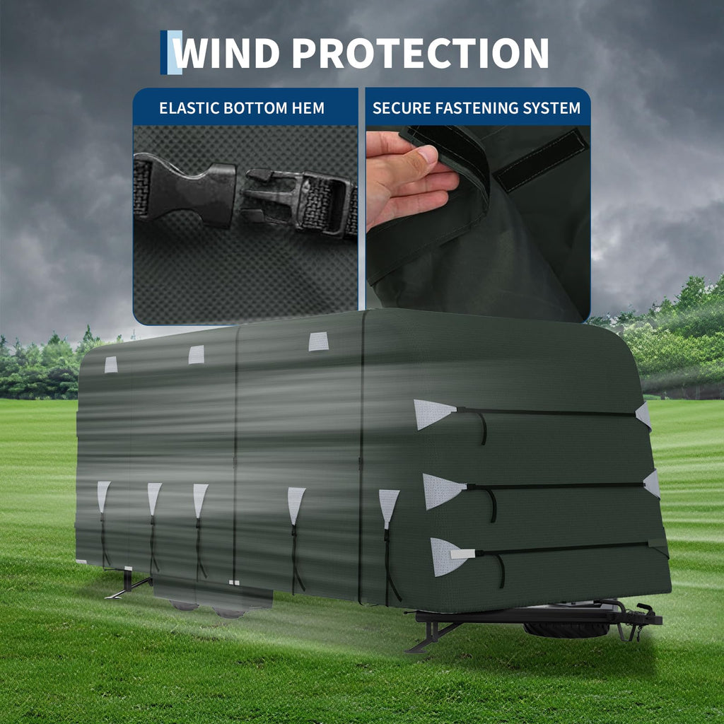 Garvee 33-35FT Heavy-Duty Trailer Cover for Campers, 4-Ply Oxford RV Cover with Waterproof Roof, Breathable Side Vents, UV Protection, Tie-Down Straps, Zipper Access, Tire Covers, and Storage Bag, Green