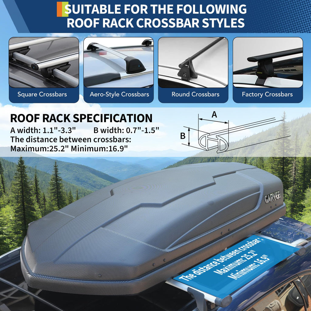 Garvee 13.5 Cubic Feet Rooftop Cargo Box, Hard Shell Roof Cargo Carrier with Dual-Side Opening, 135 lbs Capacity, Lockable ABS Storage for SUVs, Travel, and Camping