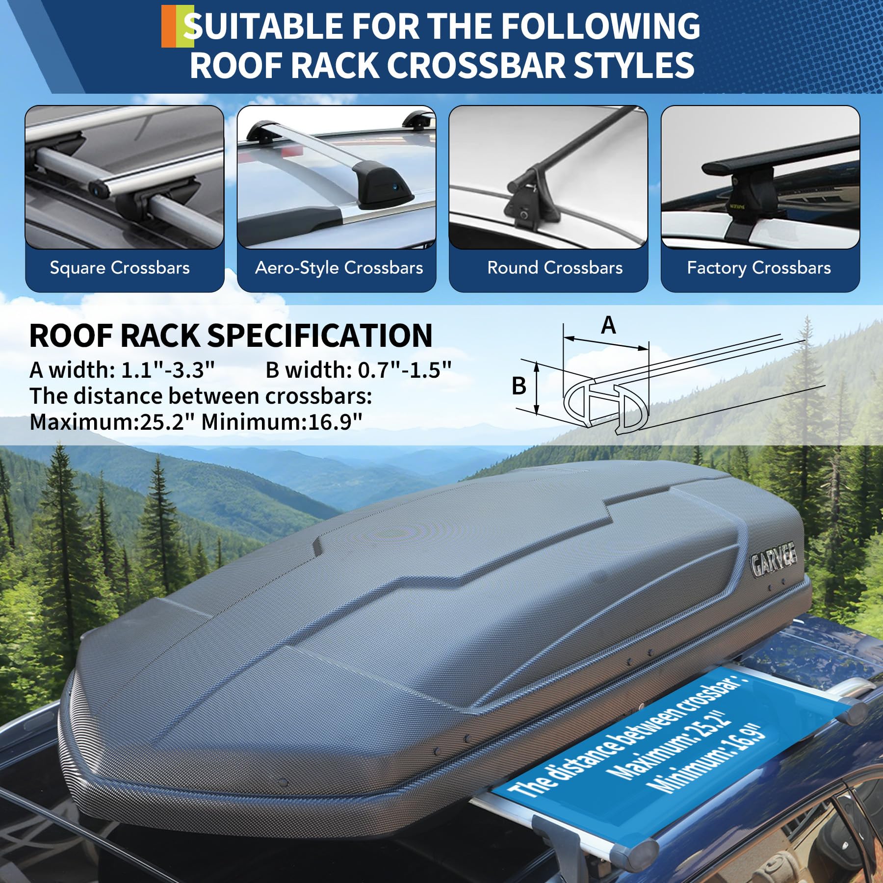 Garvee 13.5 Cubic Feet Rooftop Cargo Box, Hard Shell Roof Cargo Carrier with Dual-Side Opening, 135 lbs Capacity, Lockable ABS Storage for SUVs, Travel, and Camping