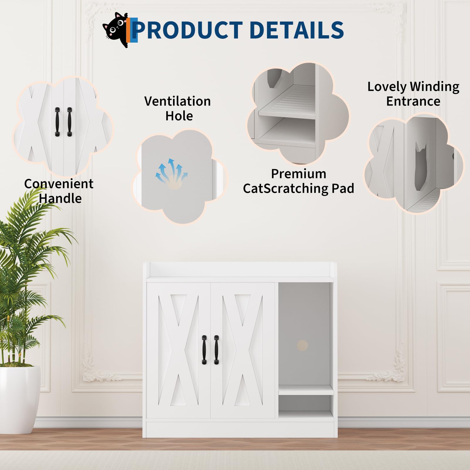 Garvee Cat Litter Box Enclosure, Hidden Litter Box Furniture with Divider, Indoor Cat House, Wooden Cat Washroom Storage Cabinet Bench, Side End Table Nightstand, 33.07"L × 23.62"W × 23.92"H, White
