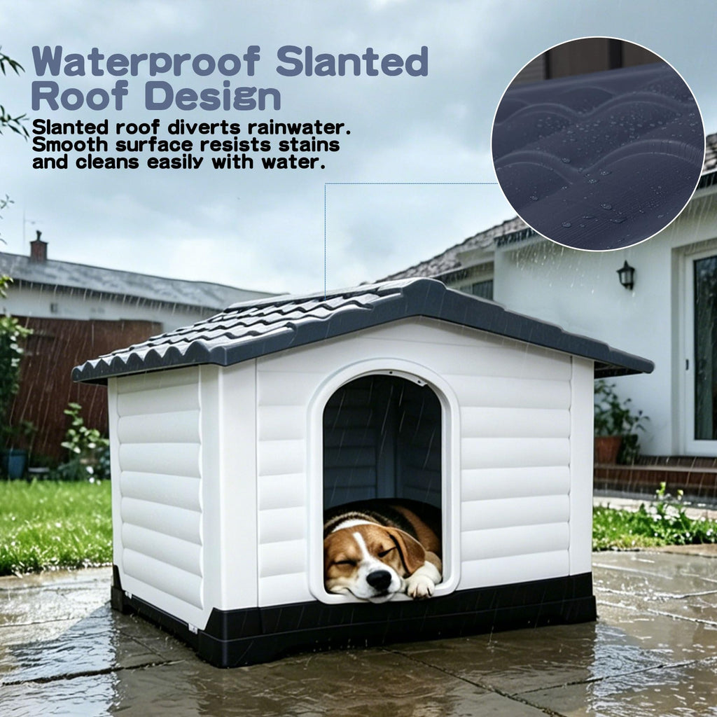 Garvee 2-Door Small Dog House for Indoor and Outdoor Dog House with Fold-Out Porch Elevated Base, Waterproof Pet House for Small and Medium Dogs, Easy Assembly, Gray (31''L x 21''W x 26''H)