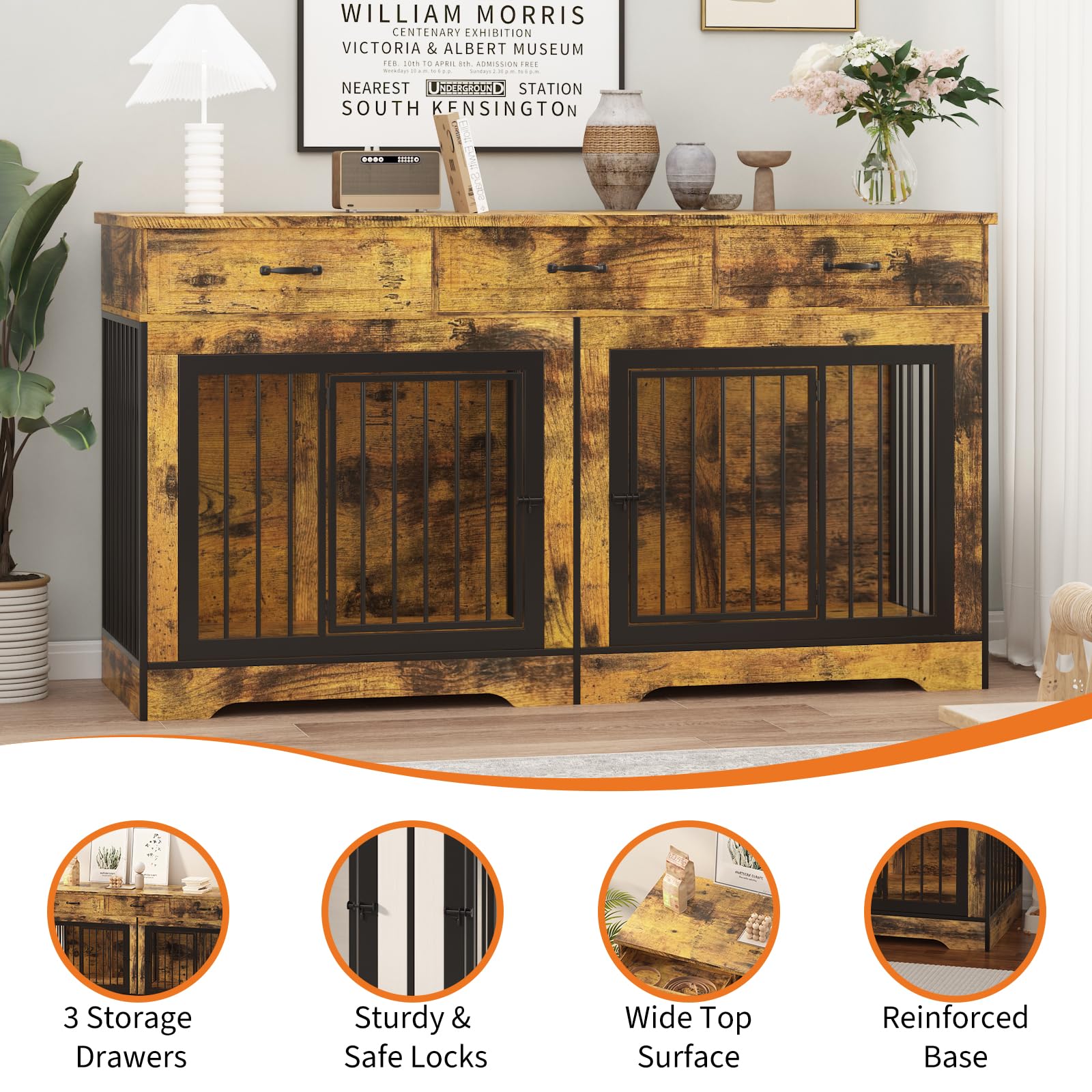 Garvee 71" Dog Crate Furniture for 2 Dogs, Heavy Duty Double Dog Kennel with 3 Drawers, Extra Large Furniture Style Indoor Dog Crate Table TV Stand  for Medium/Large Dogs, Brown