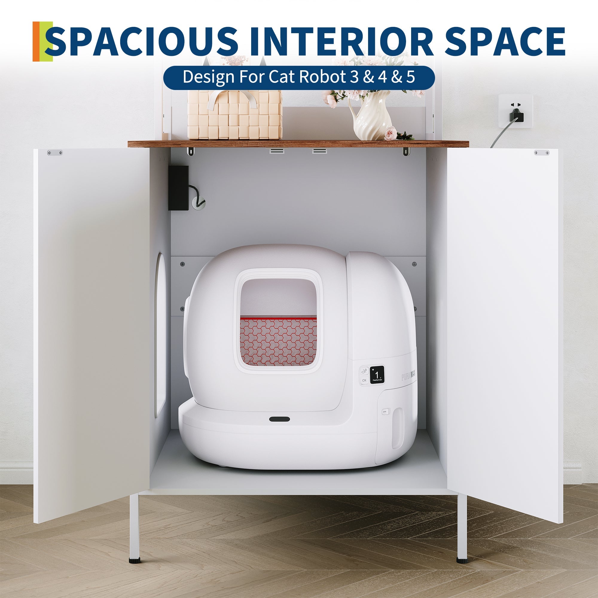 Garvee 70" Large Hidden Cat Litter Box Furniture, Cat Robot Enclosure Cabinet with Shelves, Built-in Power Outlet, Fits Auto Litter Boxes, Modern Self‑Cleaning Litterboxes Furniture White